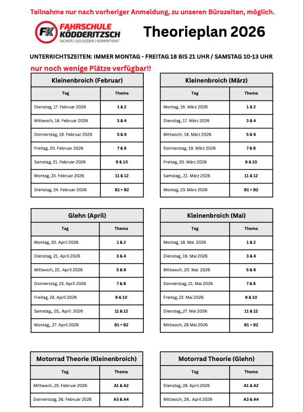 Theorieunterricht - Plan für Oktober 2025 bis Februar 2026