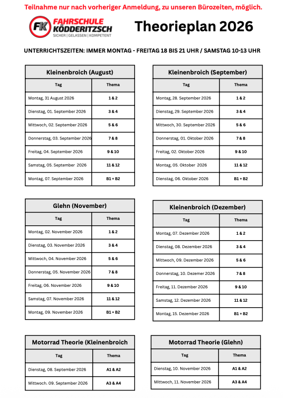 Theorieunterricht - Plan für Oktober 2025 bis Februar 2026